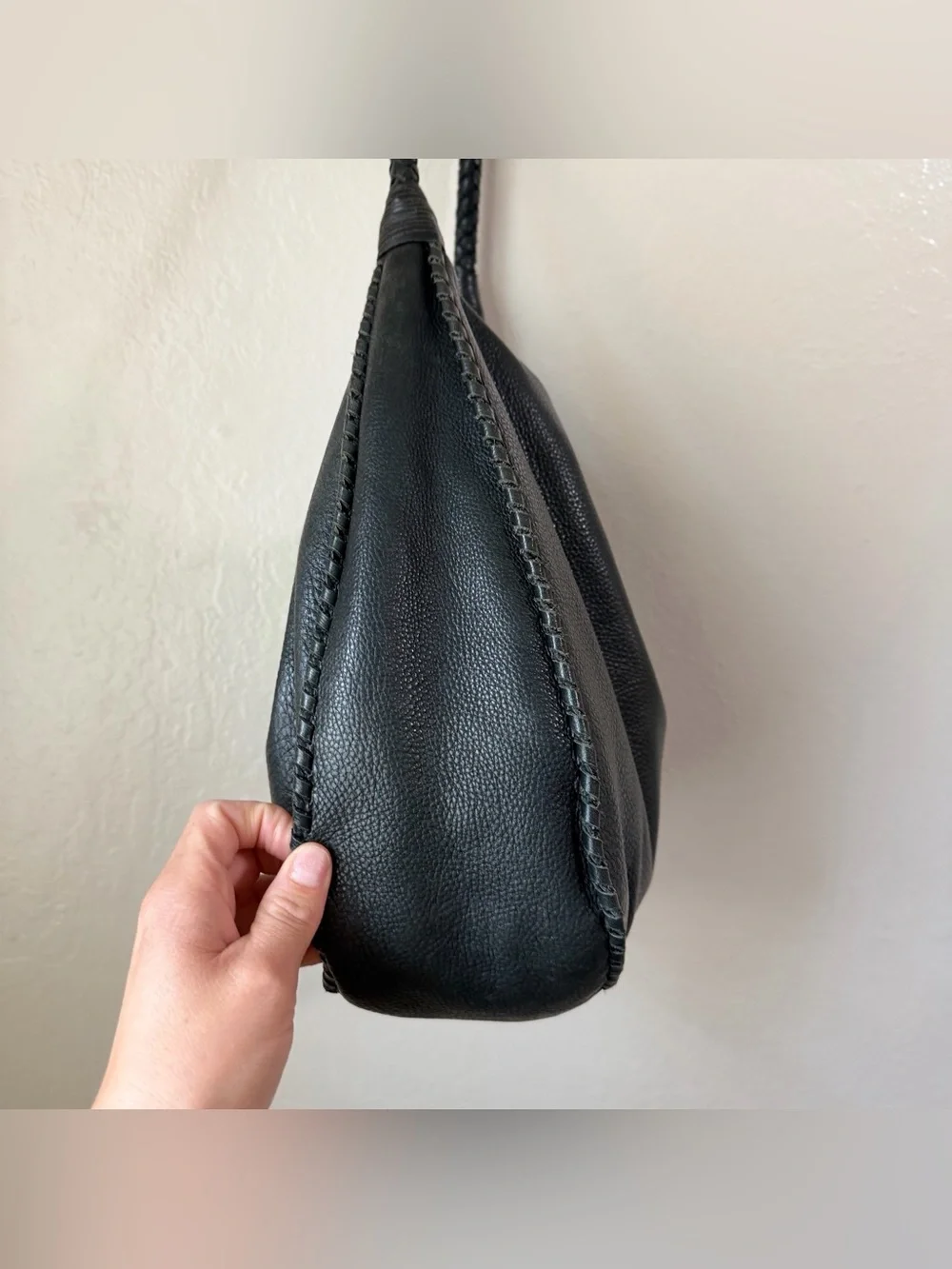 Margot NY Black Pebble Leather Slouchy Hobo Bag Braided Whipstitch Boho Tote
